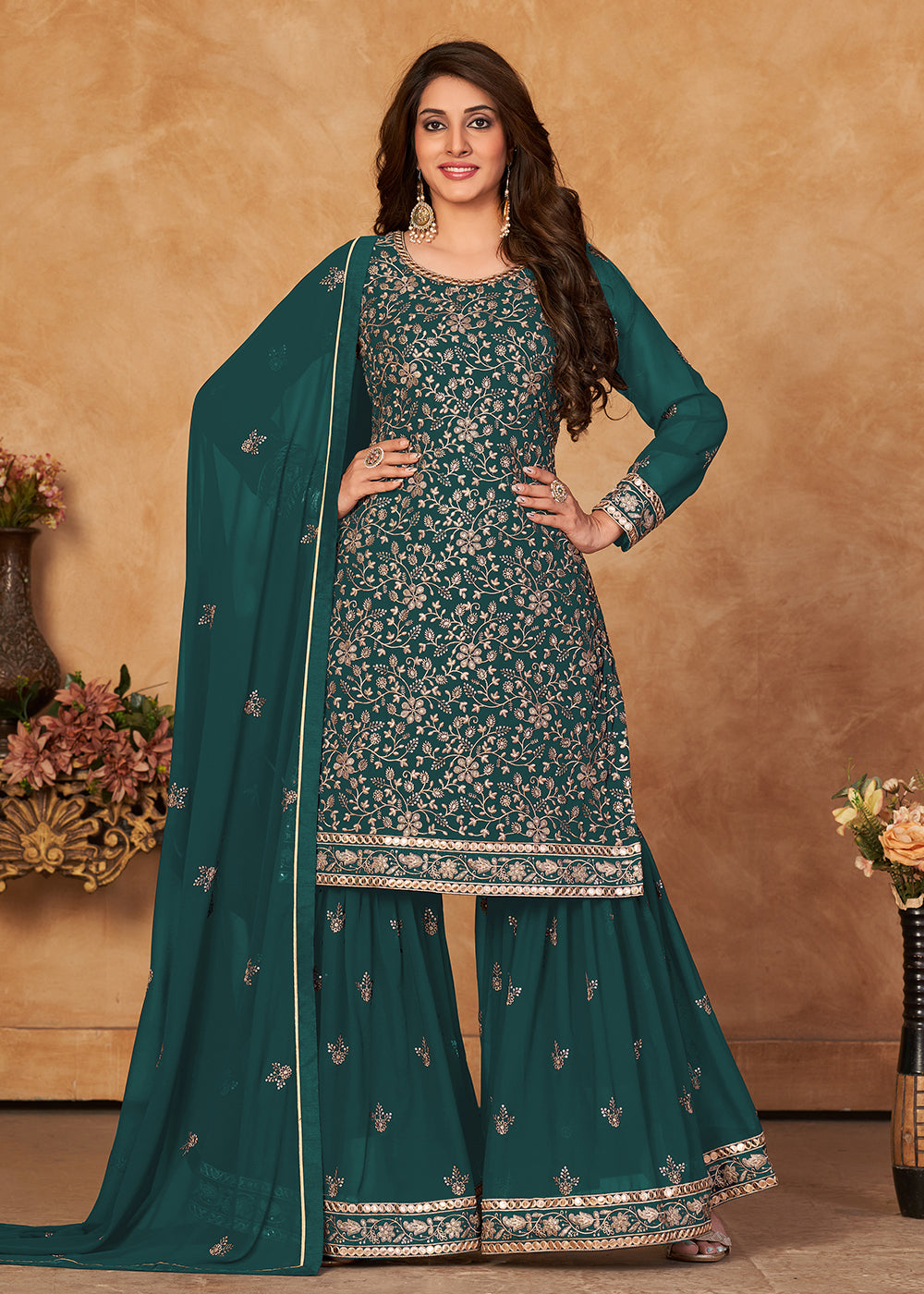 Shop Now Fantastic Rama Green Embroidered Ceremonial Gharara Suit Online at Empress Clothing in USA, UK, Canada, Germany & Worldwide. 