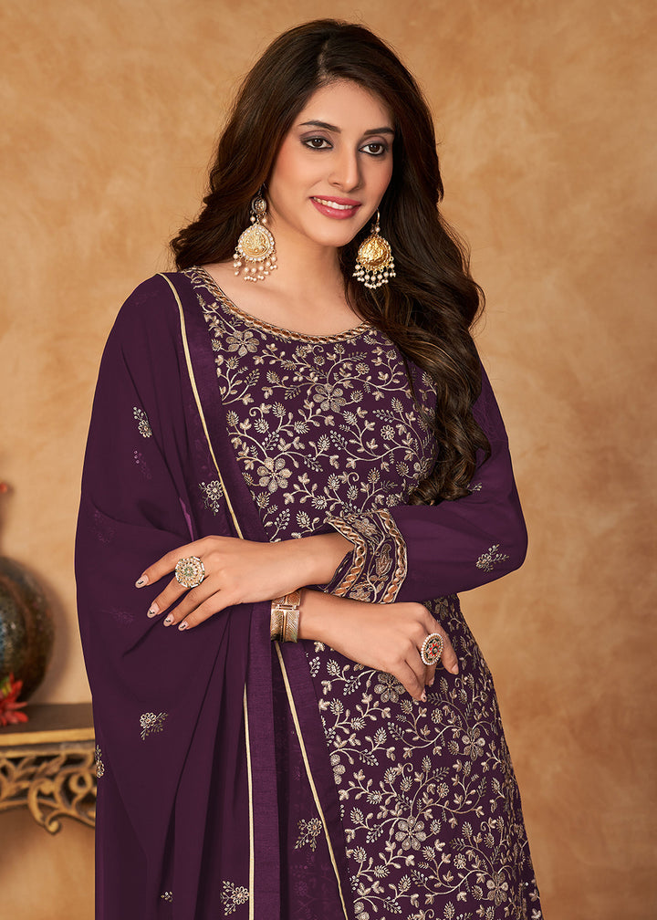 Shop Now Brilliant Plum Purple Embroidered Ceremonial Gharara Suit Online at Empress Clothing in USA, UK, Canada, Germany & Worldwide.