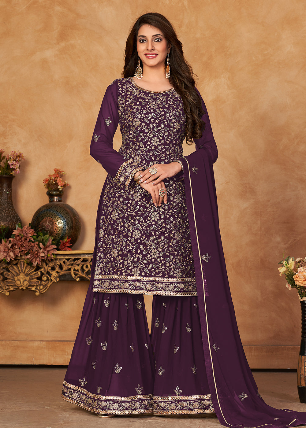 Shop Now Brilliant Plum Purple Embroidered Ceremonial Gharara Suit Online at Empress Clothing in USA, UK, Canada, Germany & Worldwide.
