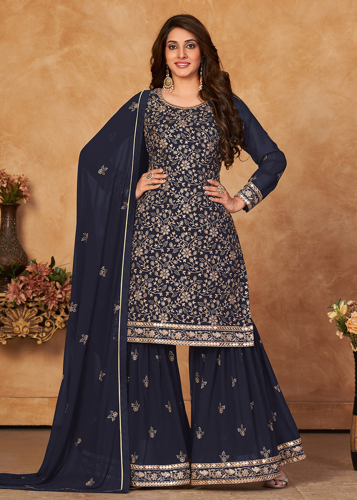 Shop Now Soothing Navy Blue Embroidered Ceremonial Gharara Suit Online at Empress Clothing in USA, UK, Canada, Germany & Worldwide.