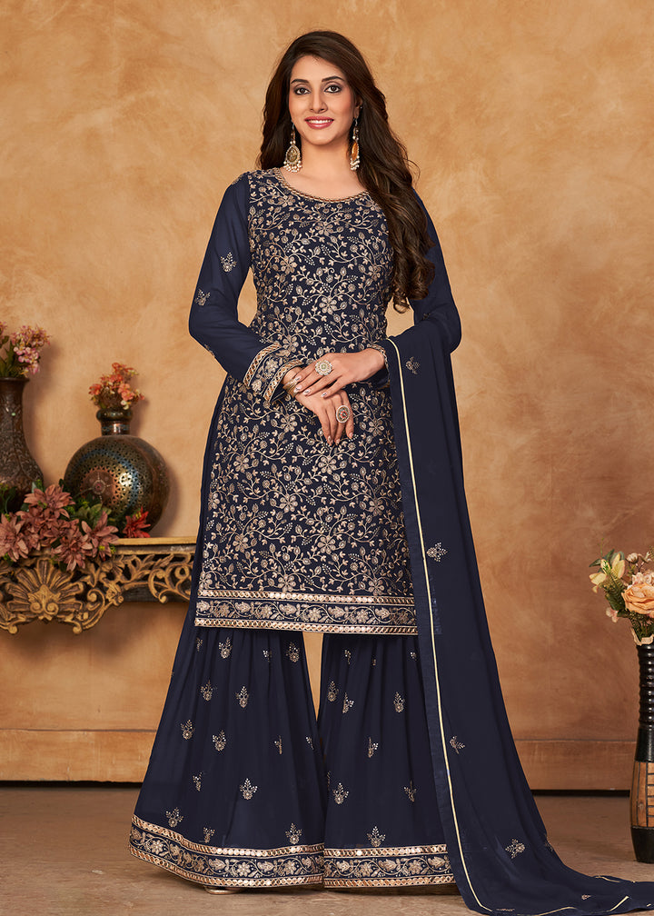 Shop Now Soothing Navy Blue Embroidered Ceremonial Gharara Suit Online at Empress Clothing in USA, UK, Canada, Germany & Worldwide.