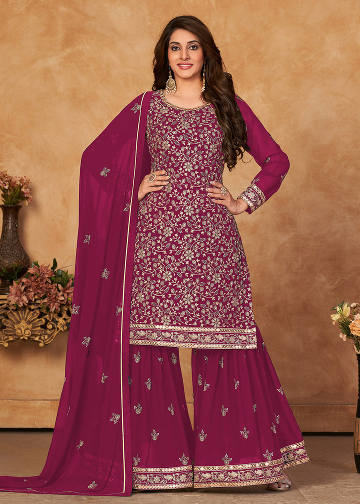 Shop Now Appealing Magenta Pink Embroidered Ceremonial Gharara Suit Online at Empress Clothing in USA, UK, Canada, Germany & Worldwide. 
