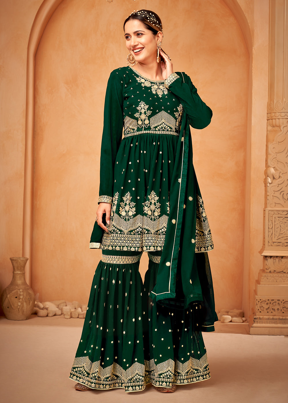 Shop Now Imperial Dark Green Embroidered Wedding Festive Gharara Suit Online at Empress Clothing in USA, UK, Canada, Germany & Worldwide.