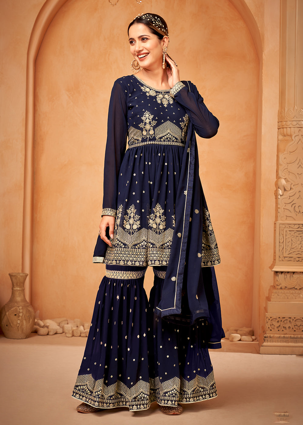 Shop Now Fantastic Navy Blue Embroidered Wedding Festive Gharara Suit Online at Empress Clothing in USA, UK, Canada, Germany & Worldwide. 
