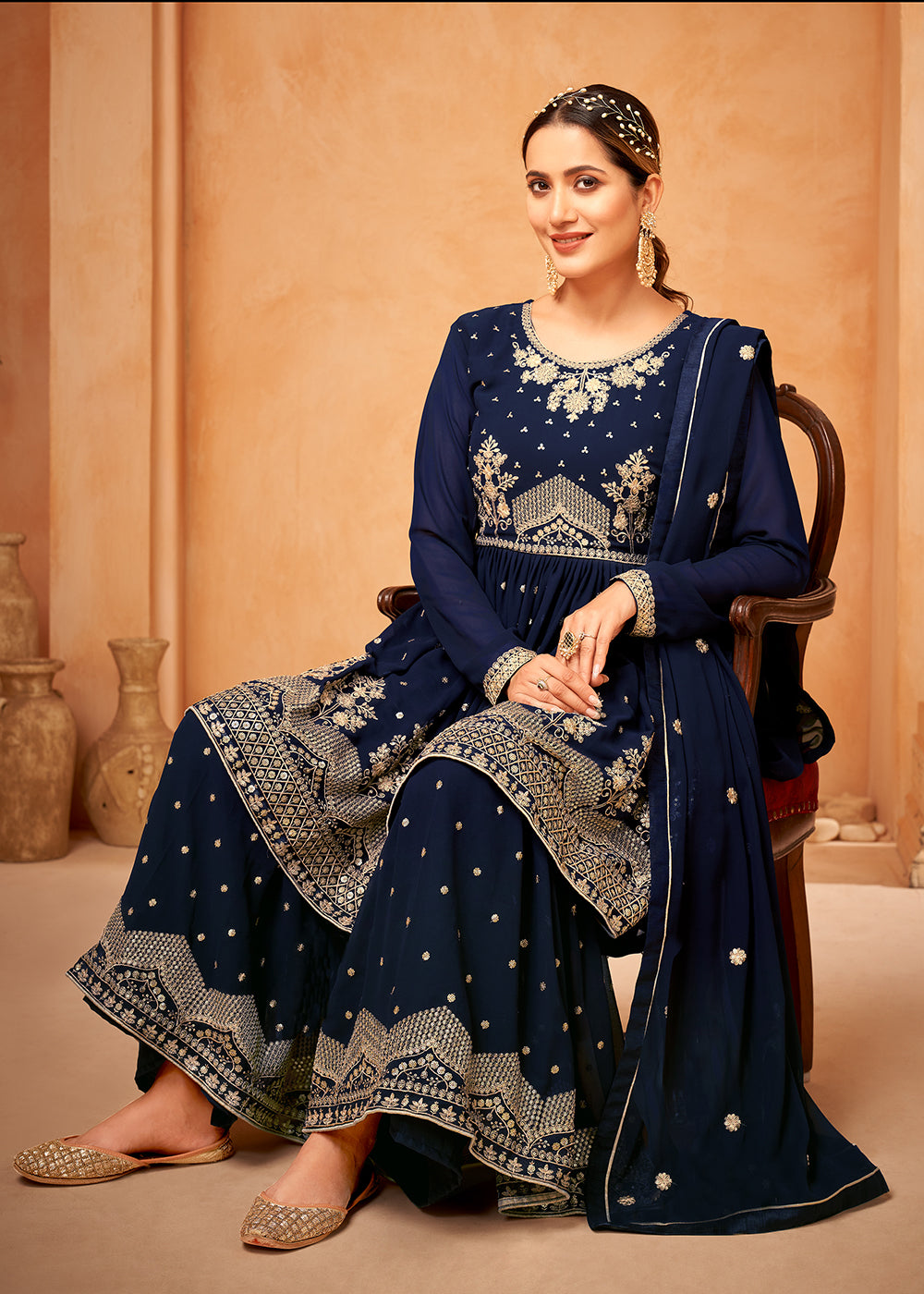 Shop Now Fantastic Navy Blue Embroidered Wedding Festive Gharara Suit Online at Empress Clothing in USA, UK, Canada, Germany & Worldwide. 