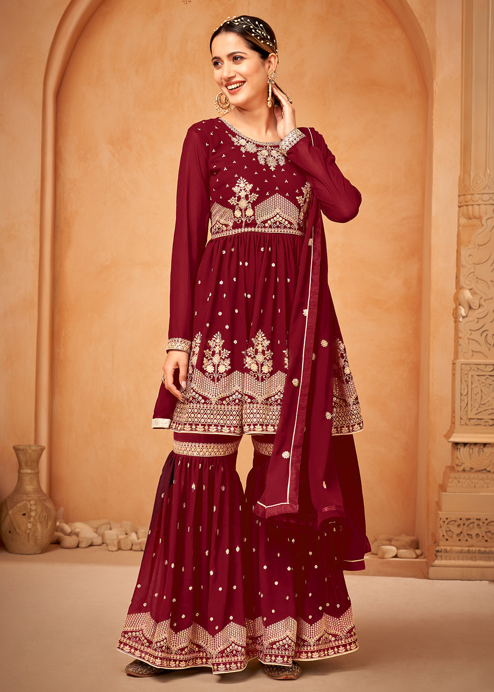 Shop Now Appealing Maroon Embroidered Wedding Festive Gharara Suit Online at Empress Clothing in USA, UK, Canada, Germany & Worldwide. 