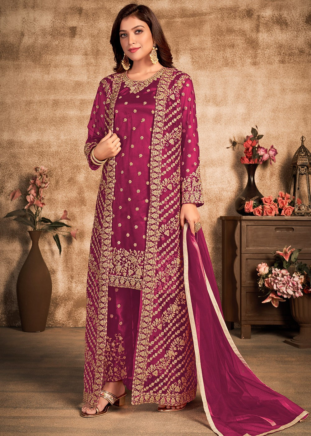 Buy Hot Pink Stone Work Suit - Festival Jacket Style Suit