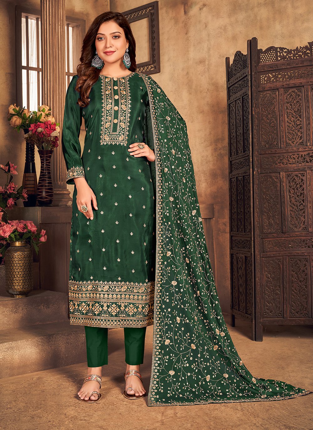 Buy Bottle Green Viscose Embroidered Suit - Straight Pant Style Suit