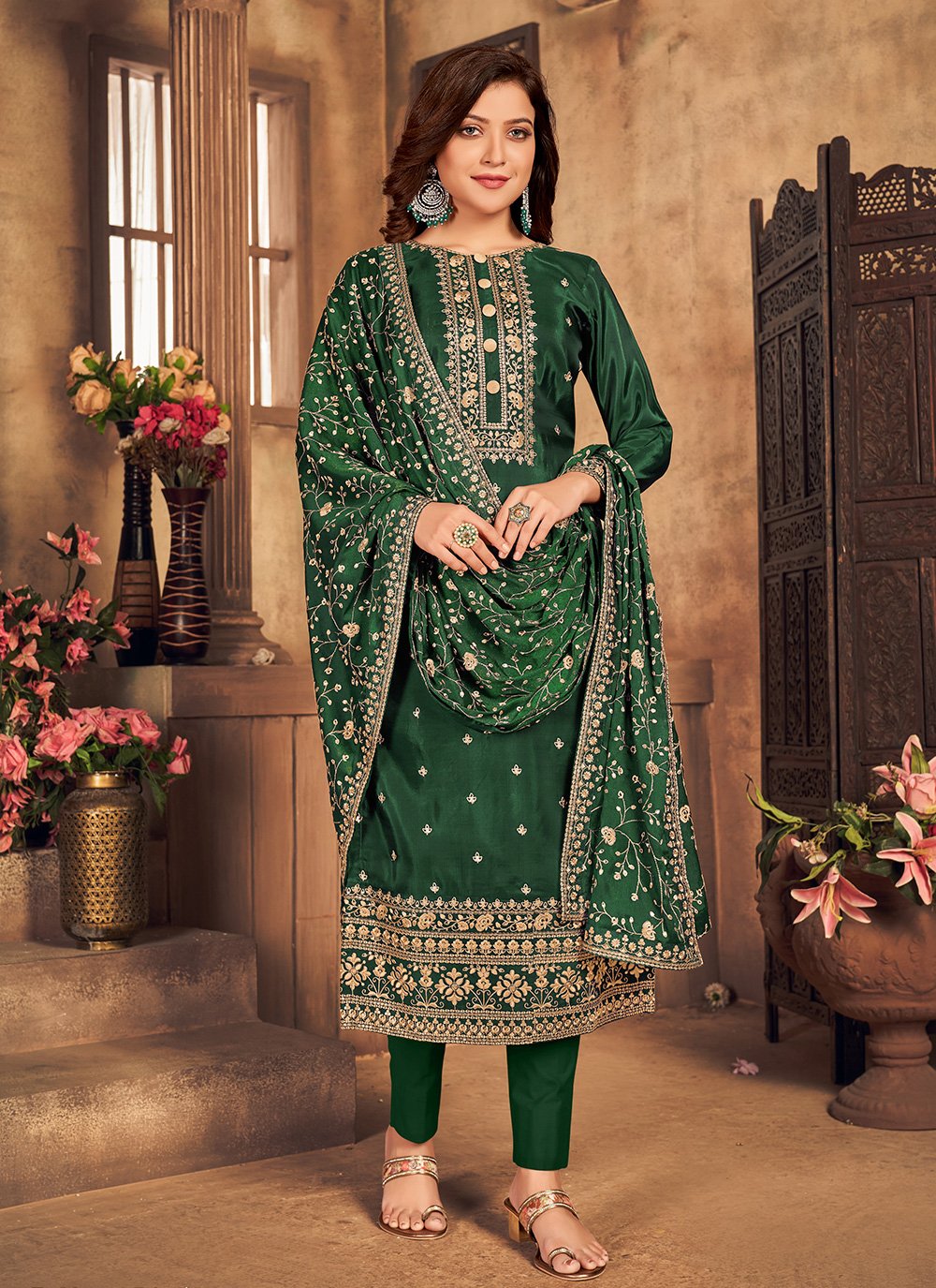 Buy Bottle Green Viscose Embroidered Suit - Straight Pant Style Suit