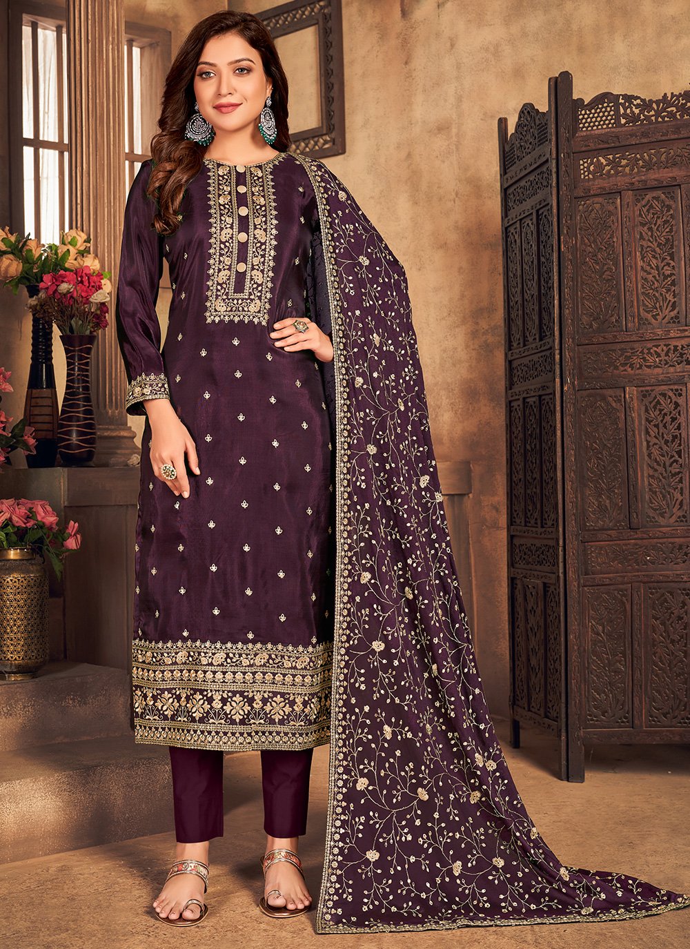 Buy Plum Purple Viscose Embroidered Suit - Straight Pant Style Suit