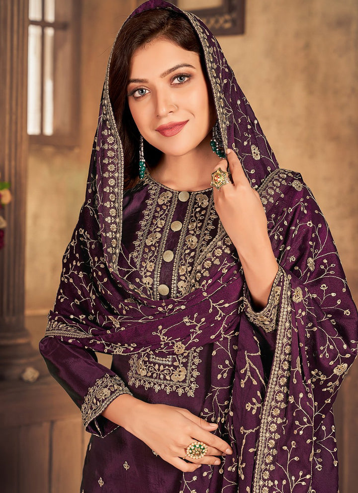 Buy Plum Purple Viscose Embroidered Suit - Straight Pant Style Suit