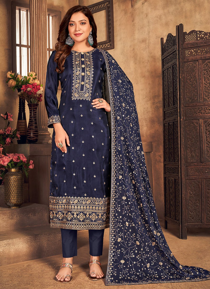 Buy Navy Blue Viscose Embroidered Suit - Straight Pant Style Suit