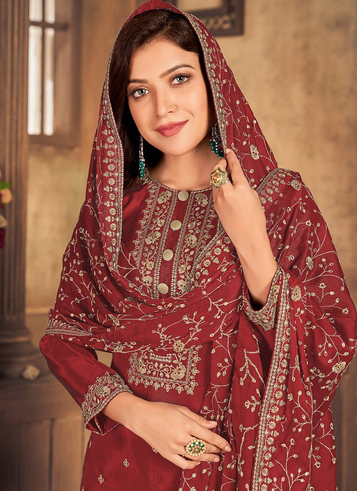 Buy Burgundy Maroon Viscose Embroidered Suit - Straight Pant Style Suit