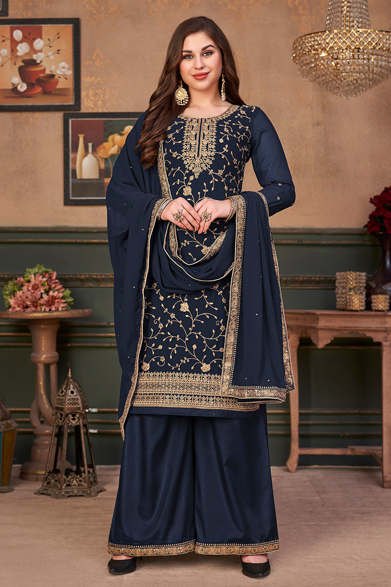 Buy Navy Blue Straight Cut Festive Suit - Embroidered Palazzo Suit