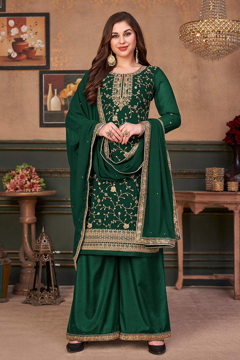 Buy Dark Green Straight Cut Festive Suit - Embroidered Palazzo Suit