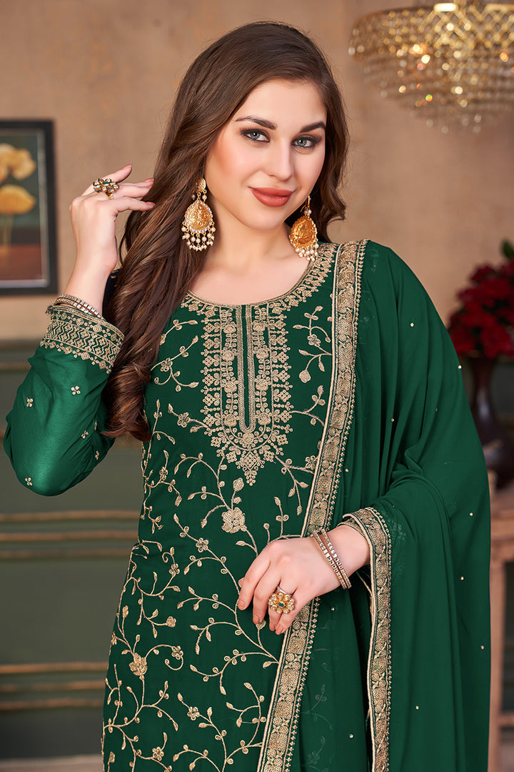 Buy Dark Green Straight Cut Festive Suit - Embroidered Palazzo Suit