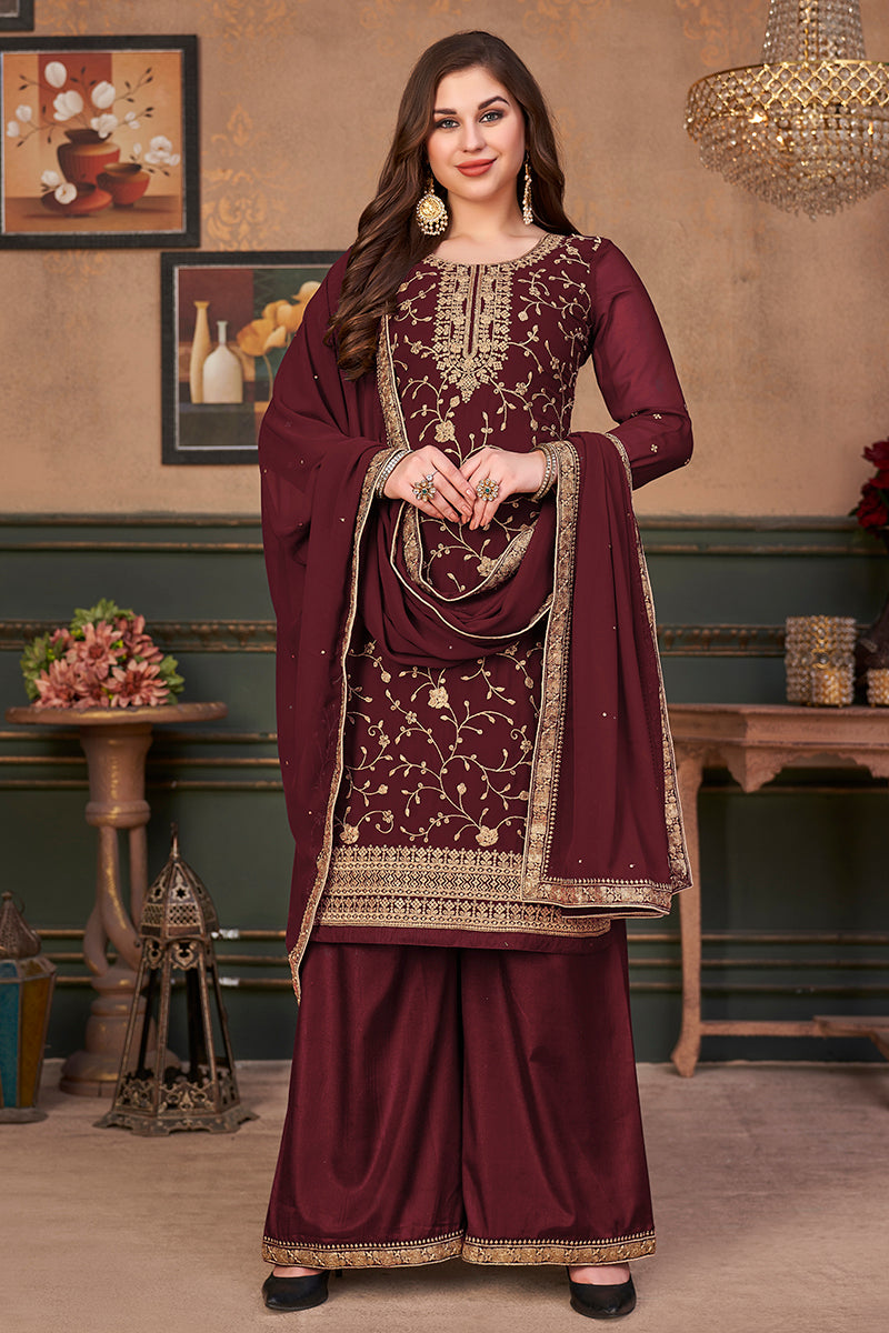Buy Stylish Maroon Straight Cut Festive Suit - Embroidered Palazzo Suit
