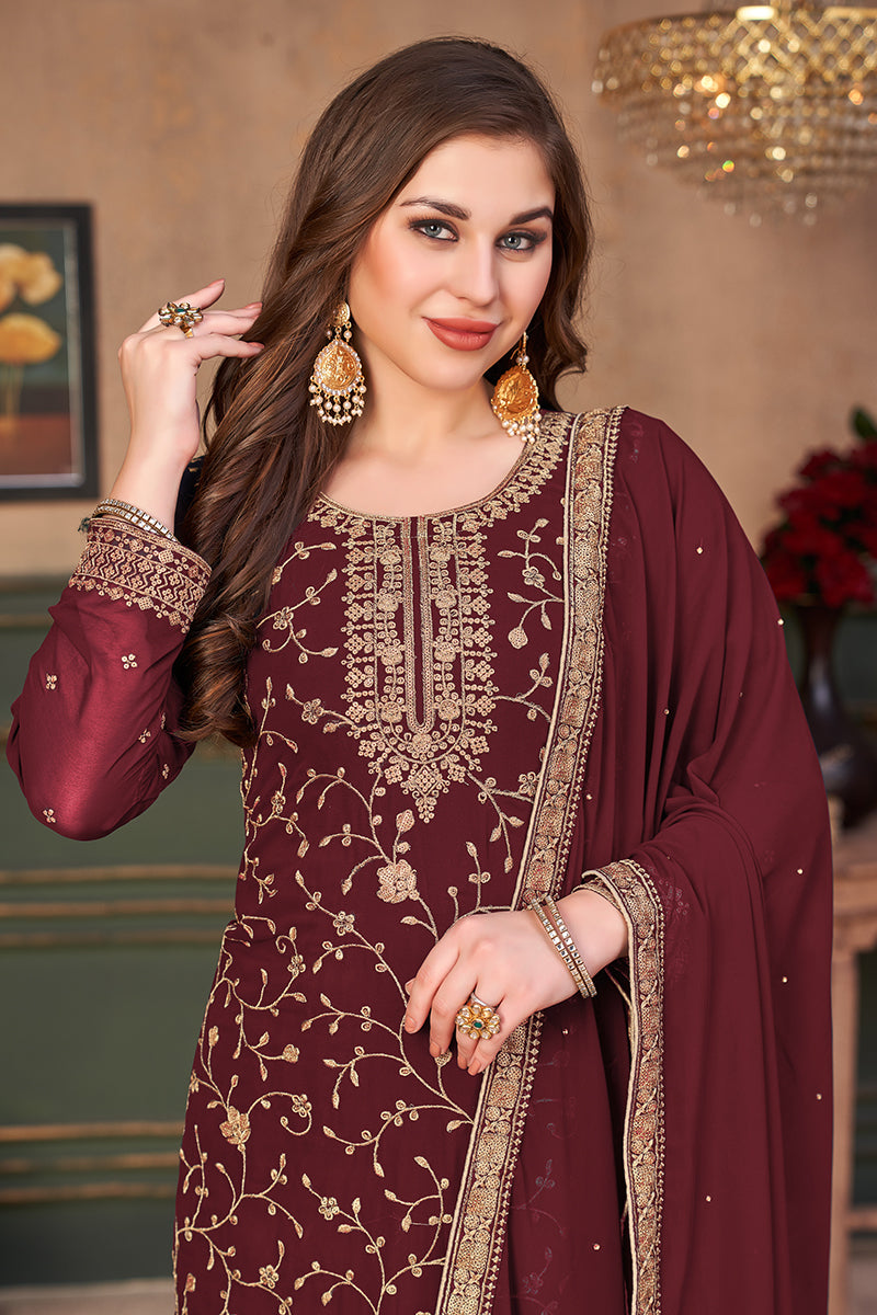 Buy Stylish Maroon Straight Cut Festive Suit - Embroidered Palazzo Suit