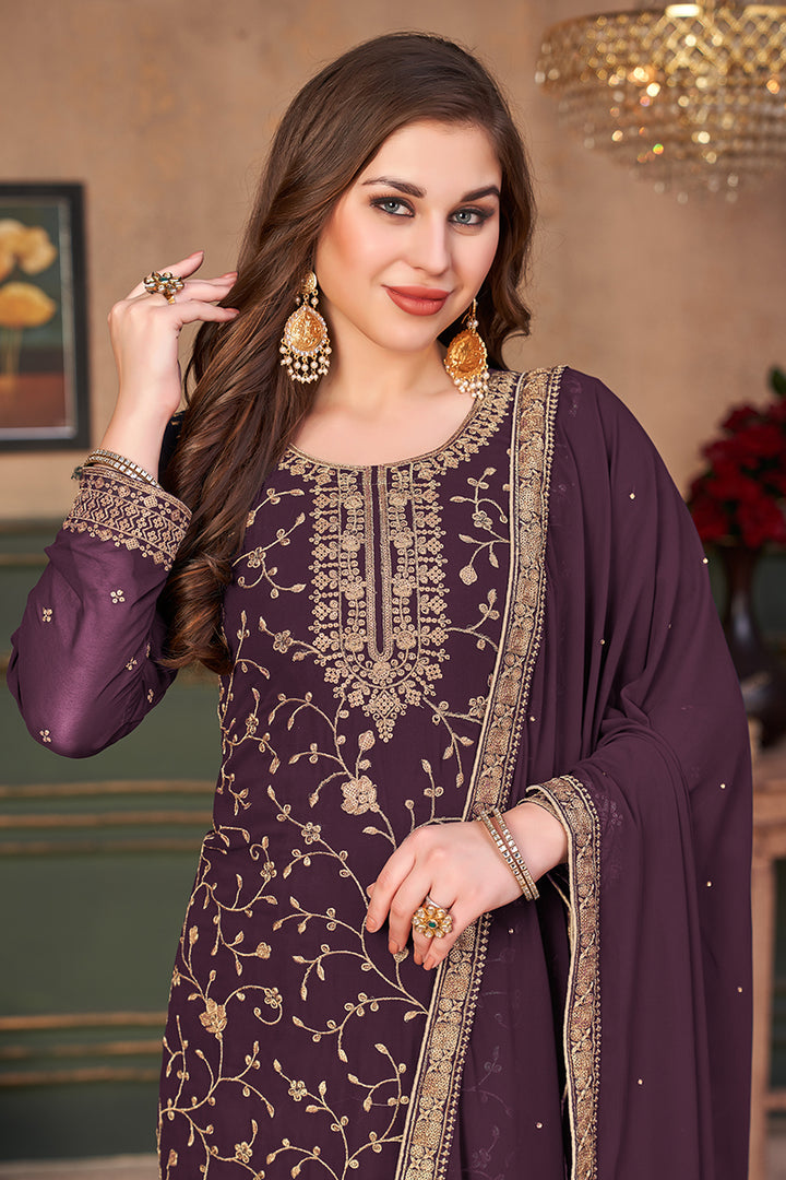 Buy Plum Purple Straight Cut Festive Suit - Embroidered Palazzo Suit