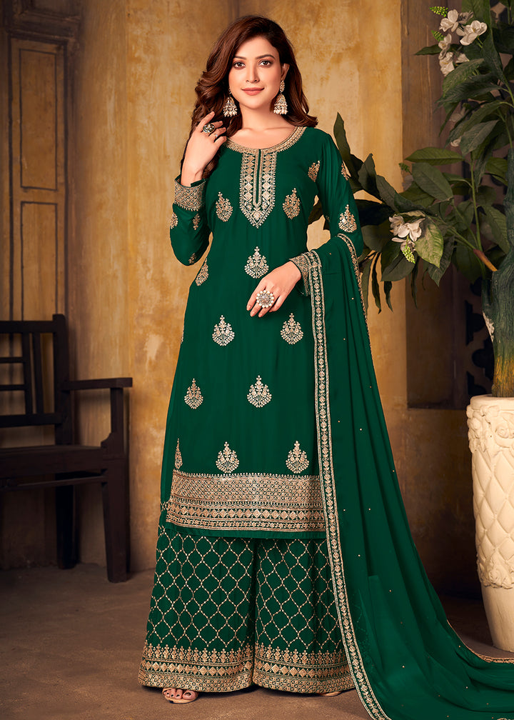 Buy Green Thread & Zari Embroidered Suit - Palazzo Suit with Dupatta