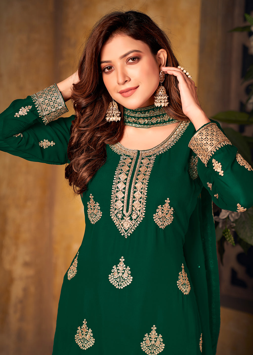 Buy Green Thread & Zari Embroidered Suit - Palazzo Suit with Dupatta