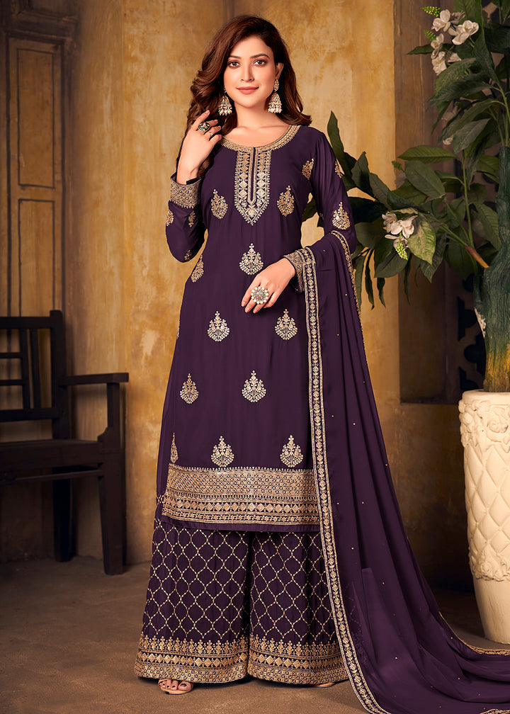 Buy Purple Thread & Zari Embroidered Suit - Palazzo Suit with Dupatta