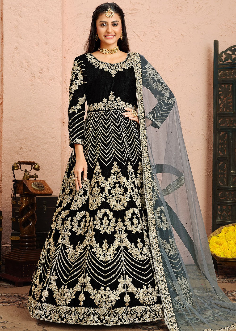 Buy Velvet Fabric Black Anarkali - Embroidered Anarkali Suit