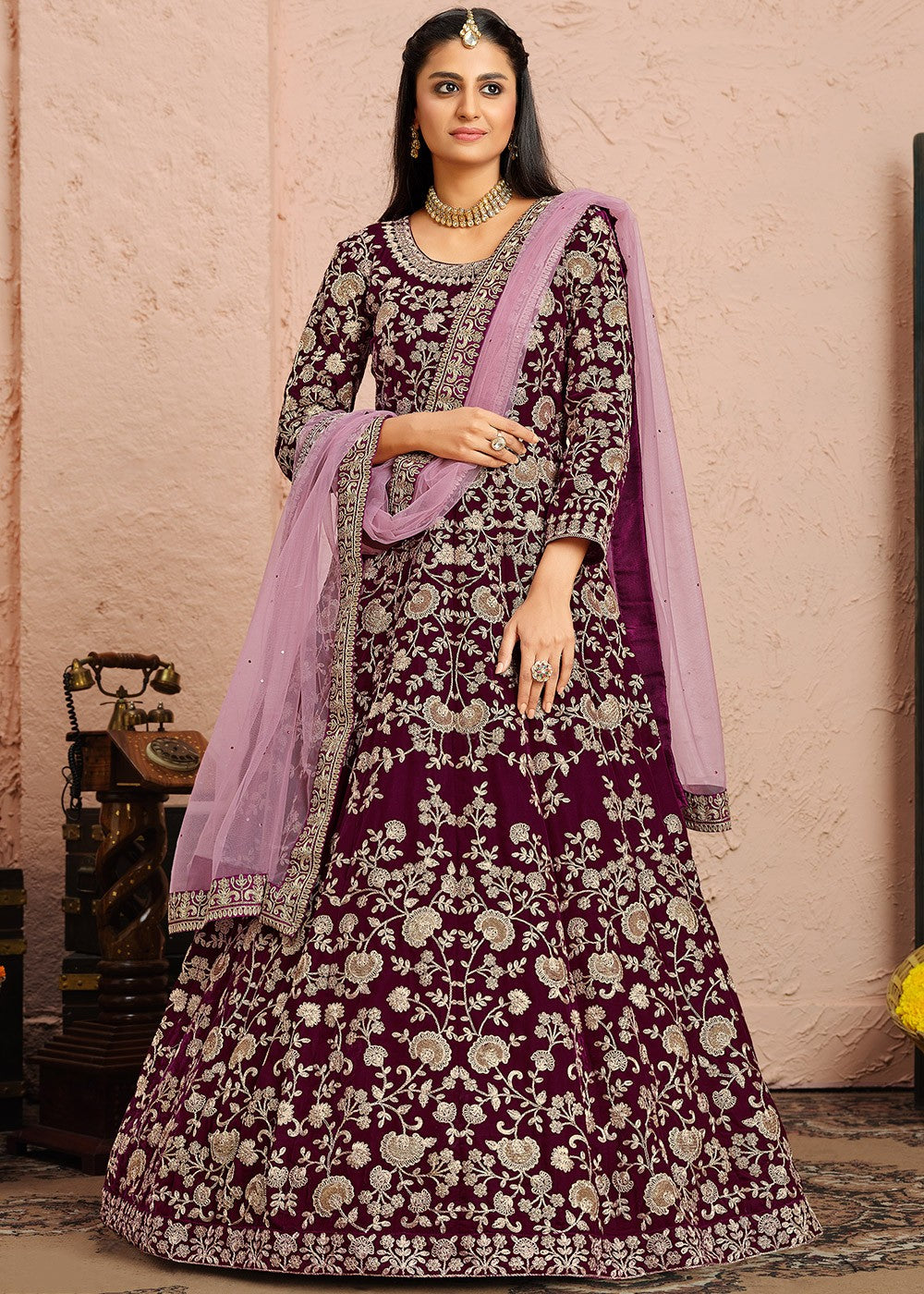 Buy Velvet Fabric Purple Anarkali - Embroidered Anarkali Suit
