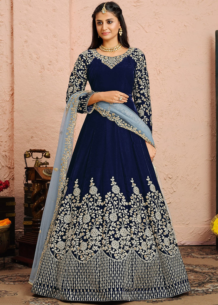 Buy Velvet Fabric Blue Anarkali - Embroidered Anarkali Suit