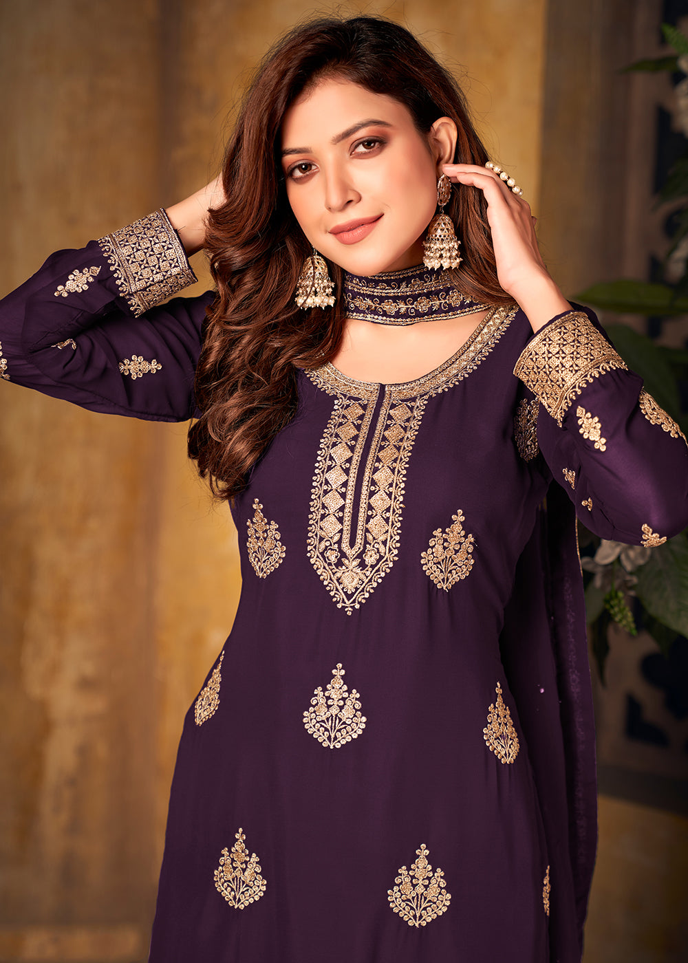Buy Purple Thread & Zari Embroidered Suit - Palazzo Suit with Dupatta