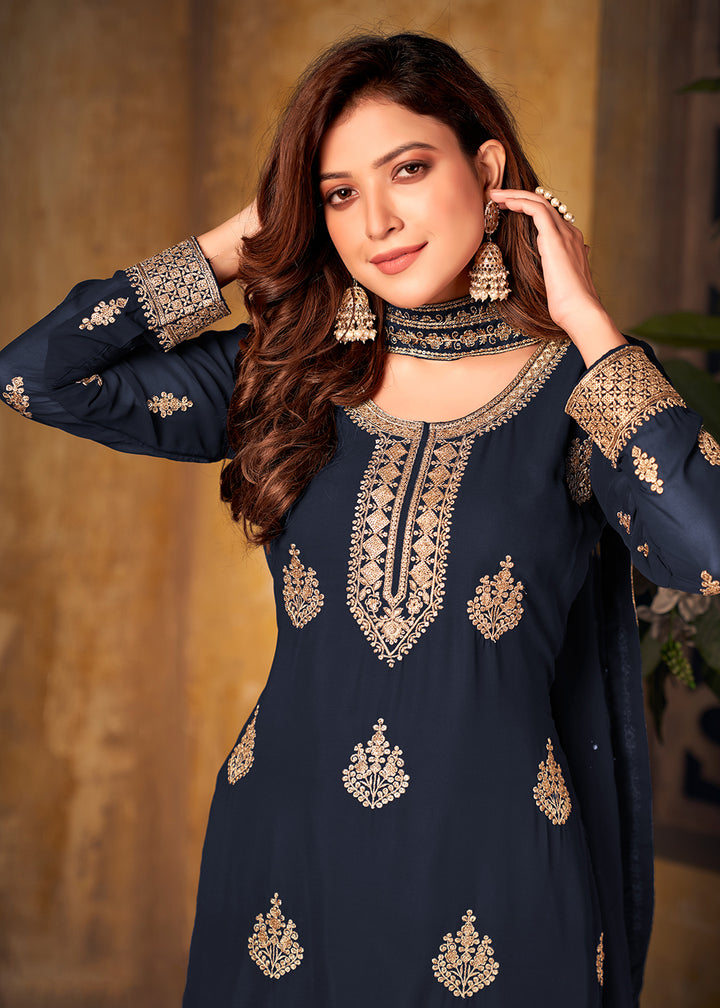 Buy Blue Thread & Zari Embroidered Suit - Palazzo Suit with Dupatta