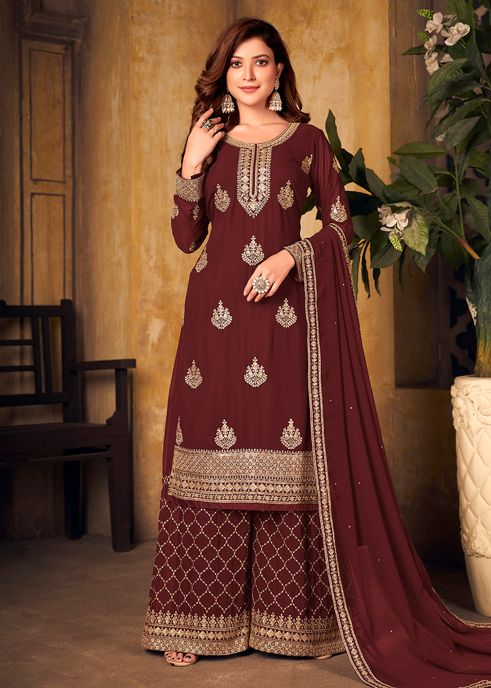 Buy Maroon Thread & Zari Embroidered Suit - Palazzo Suit with Dupatta