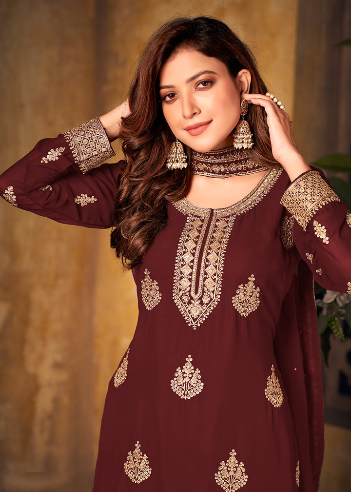 Buy Maroon Thread & Zari Embroidered Suit - Palazzo Suit with Dupatta
