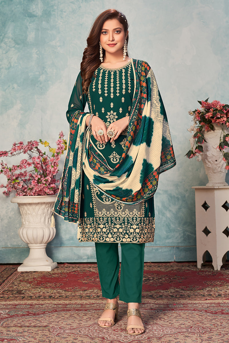 Buy Pine Green Festival Wear Suit - Embroidered Georgette Suit