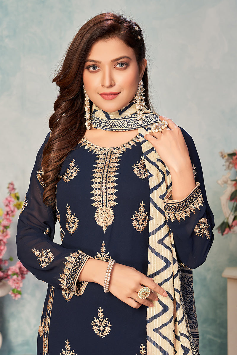 Buy Navy Blue Festival Wear Suit - Embroidered Georgette Suit