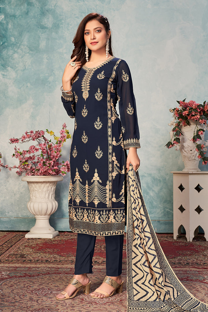 Buy Navy Blue Festival Wear Suit - Embroidered Georgette Suit