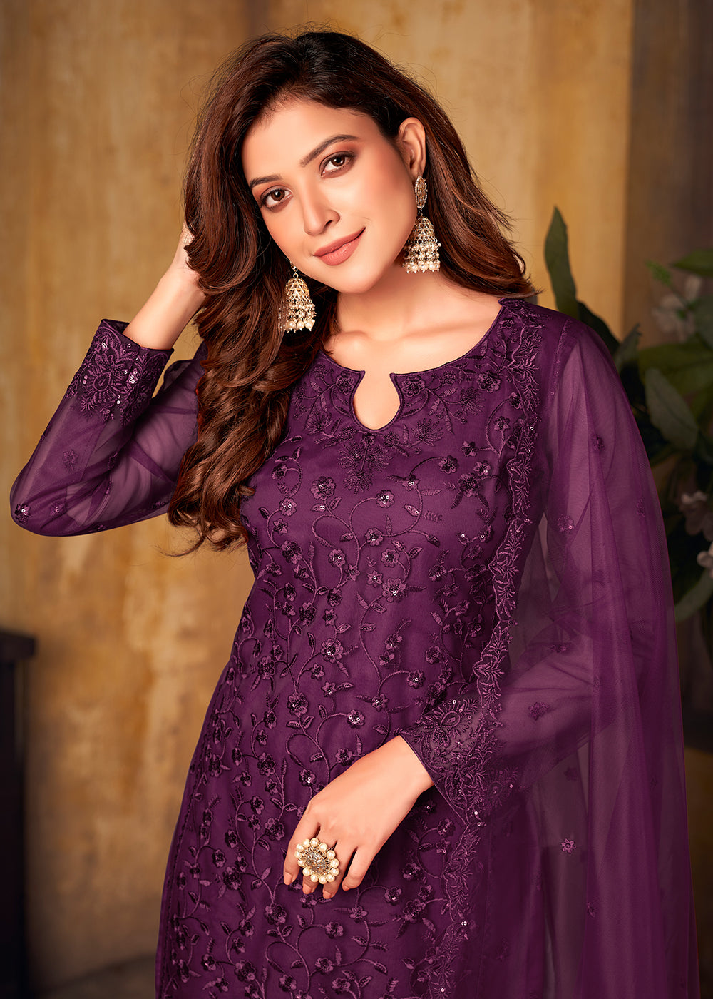 Buy Purple Tone to Tone Embroidered Suit - Net Salwar Kameez