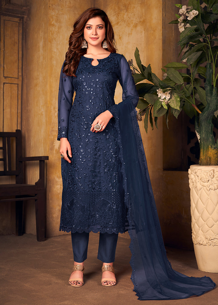 Buy Navy Blue Tone to Tone Embroidered Suit - Net Salwar Kameez