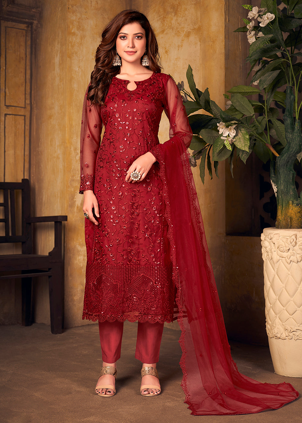Buy Deep Red Tone to Tone Embroidered Suit - Net Salwar Kameez