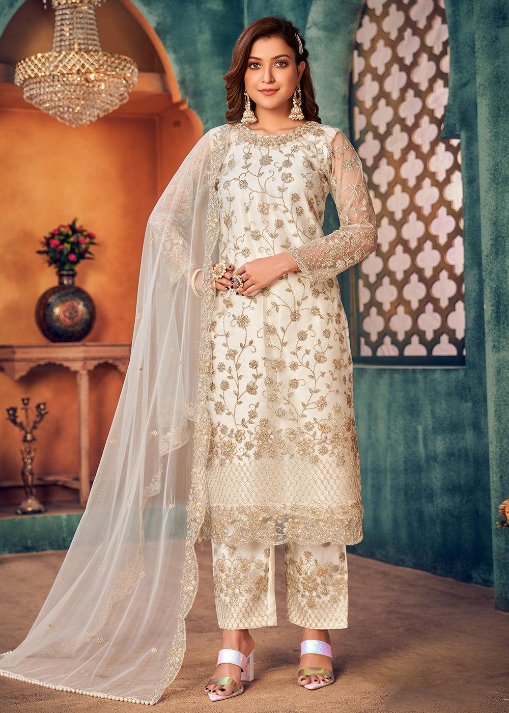 Buy Magnolia White Layered Suit - Festive Pant Style Salwar Suit