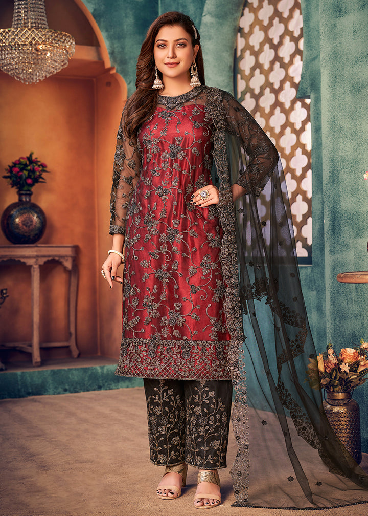 Buy Red Black Layered Suit - Festive Pant Style Salwar Suit