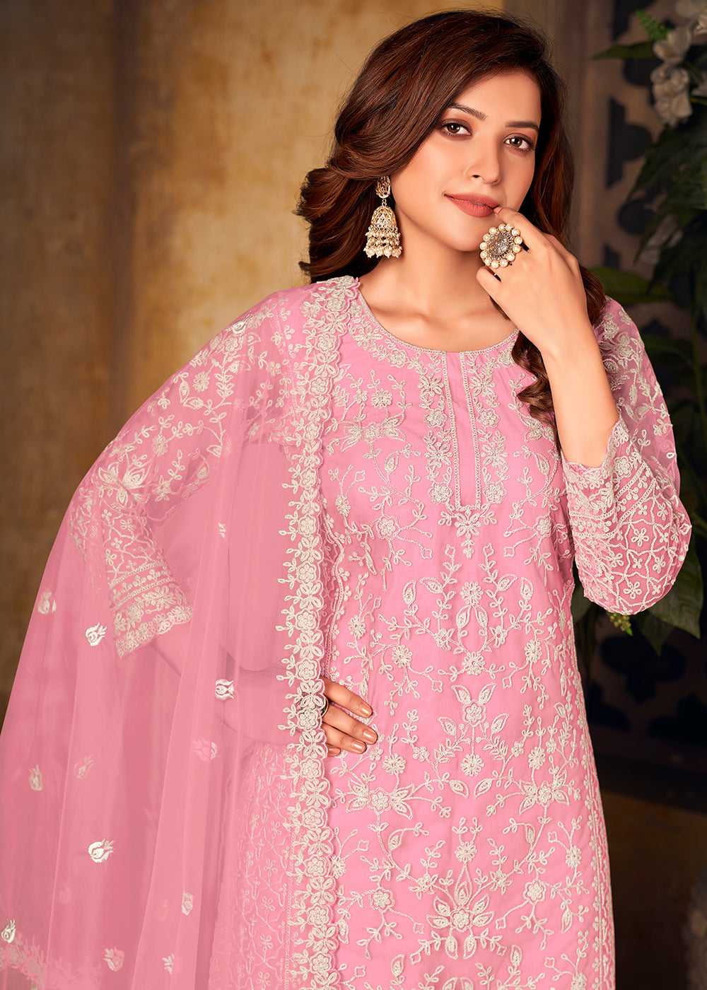 Buy Net Baby Pink Ceremonial Suit - Embroidered Palazzo Suit