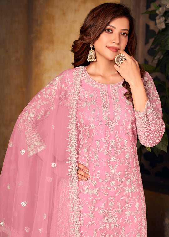 Baby Pink Classy Designer Semi-Stitched Palazzo Suit With Embroidery Work