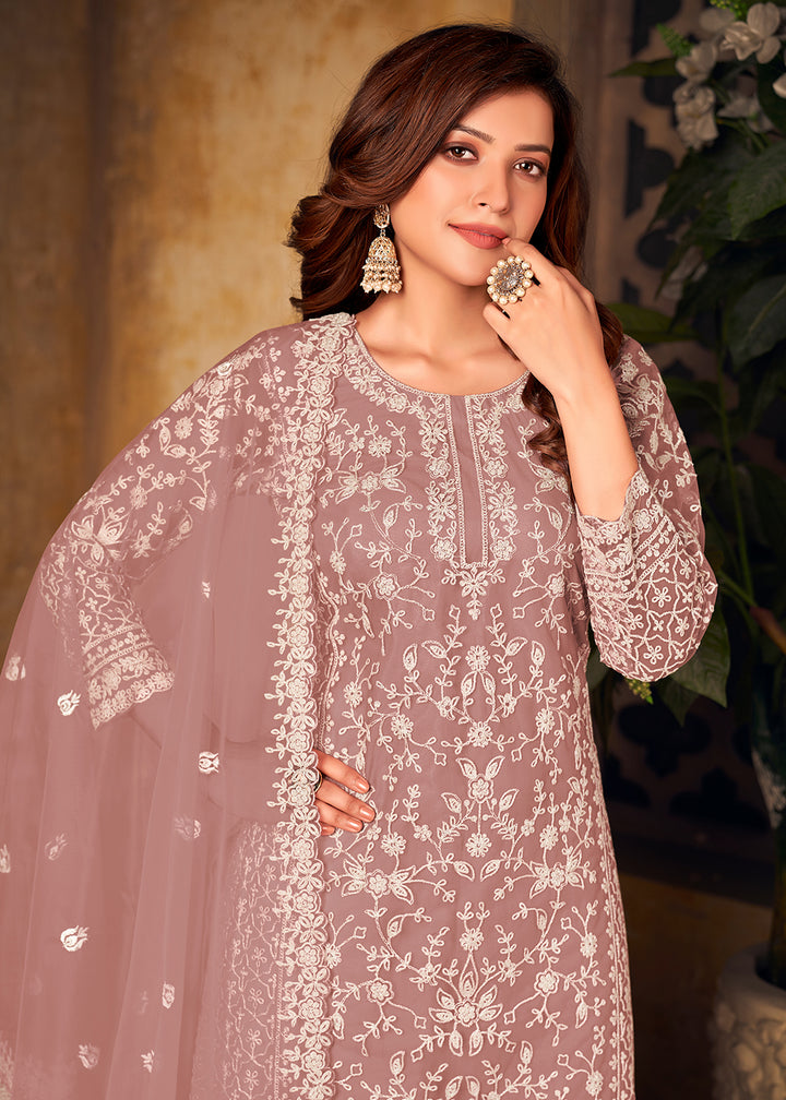 Buy Net Dusty Mauve Ceremonial Suit - Embroidered Palazzo Suit