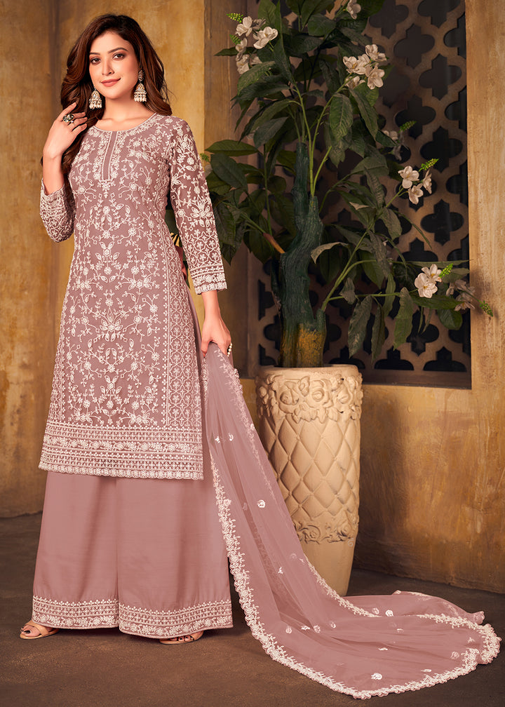 Buy Net Dusty Mauve Ceremonial Suit - Embroidered Palazzo Suit