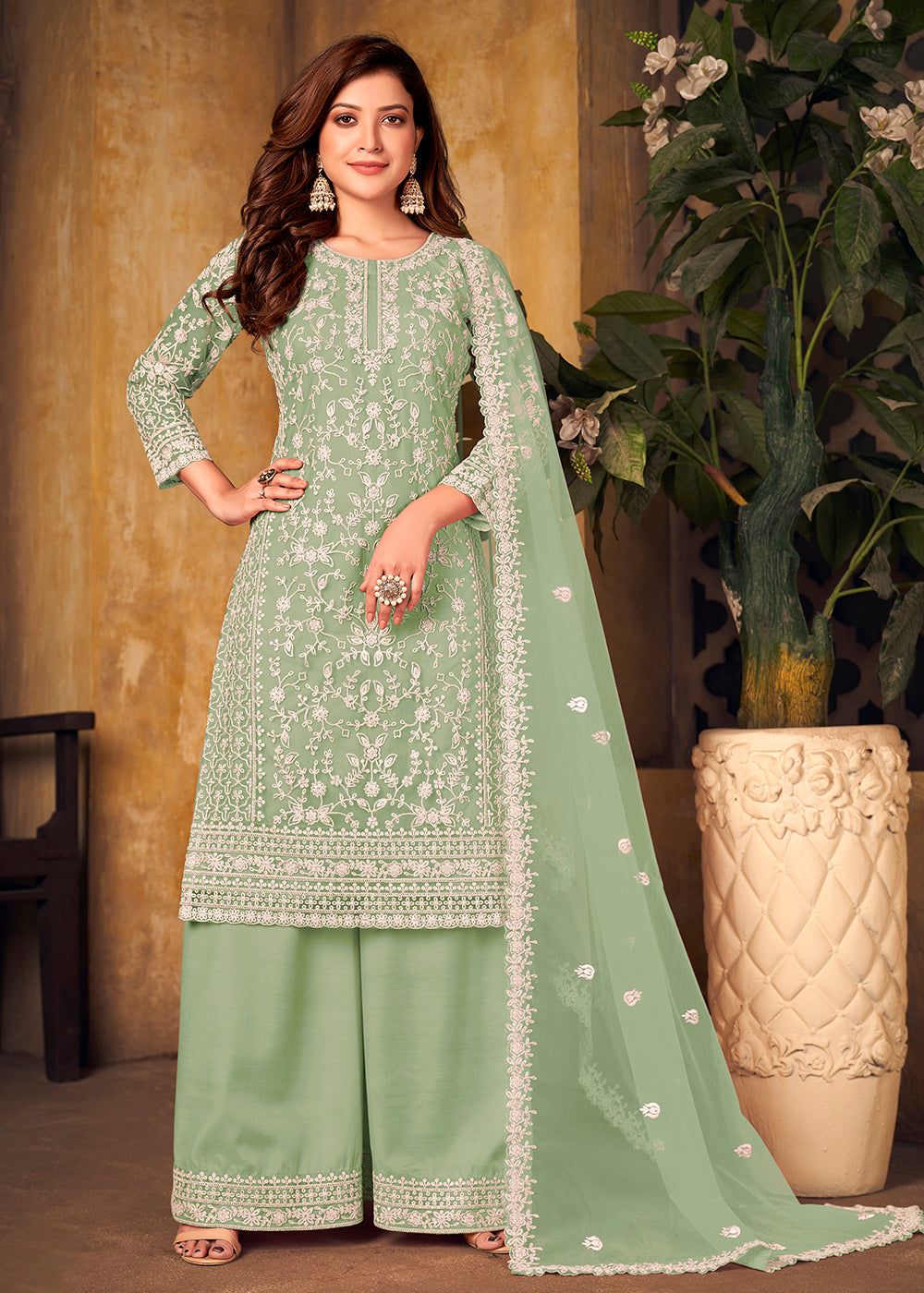 Buy Net Mint Green Ceremonial Suit - Embroidered Palazzo Suit