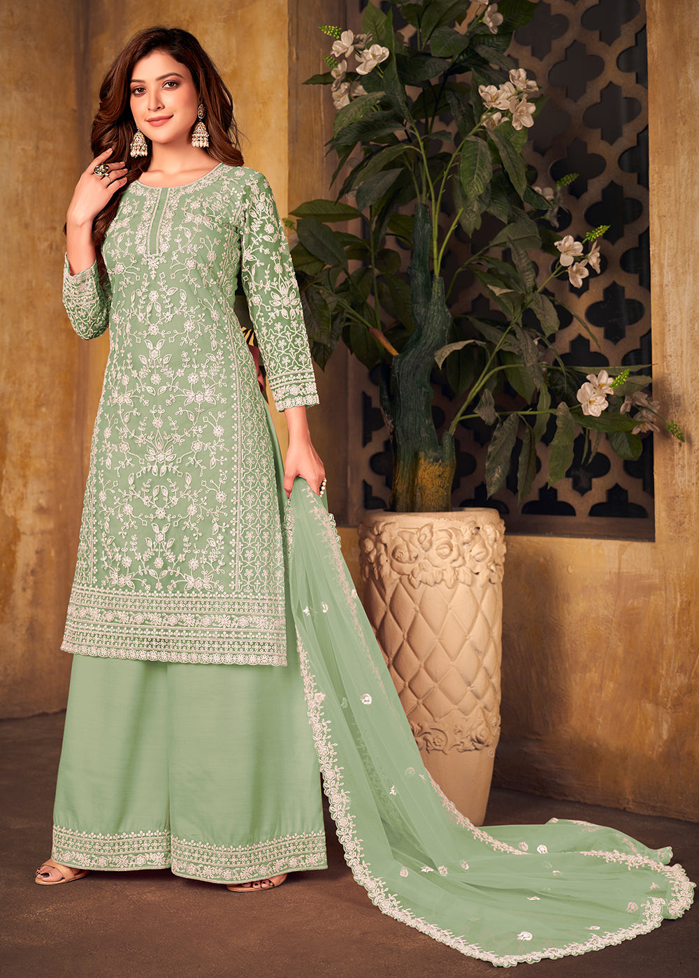 Buy Net Mint Green Ceremonial Suit - Embroidered Palazzo Suit