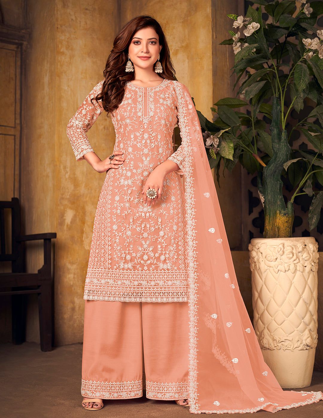 Buy Net Coral Peach Ceremonial Suit - Embroidered Palazzo Suit