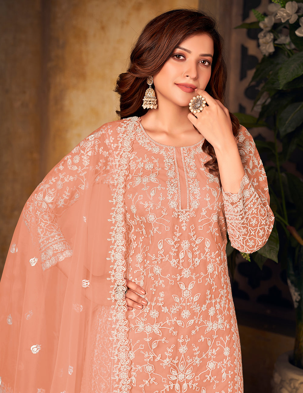 Buy Net Coral Peach Ceremonial Suit - Embroidered Palazzo Suit
