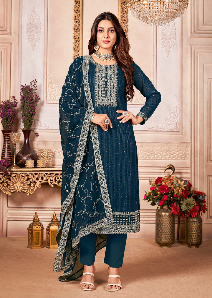 Buy Now Prussian Blue Indian Georgette Ceremonial Salwar Suit Online in USA, UK, Canada & Worldwide at Empress Clothing.